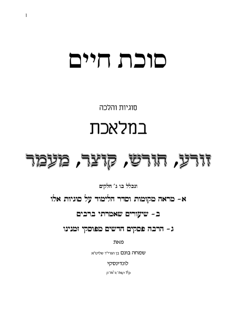 Dinei Zoreiah, Choresh, Kotzer, U'Meamer B'Shabbos: Sukas Chaim cover