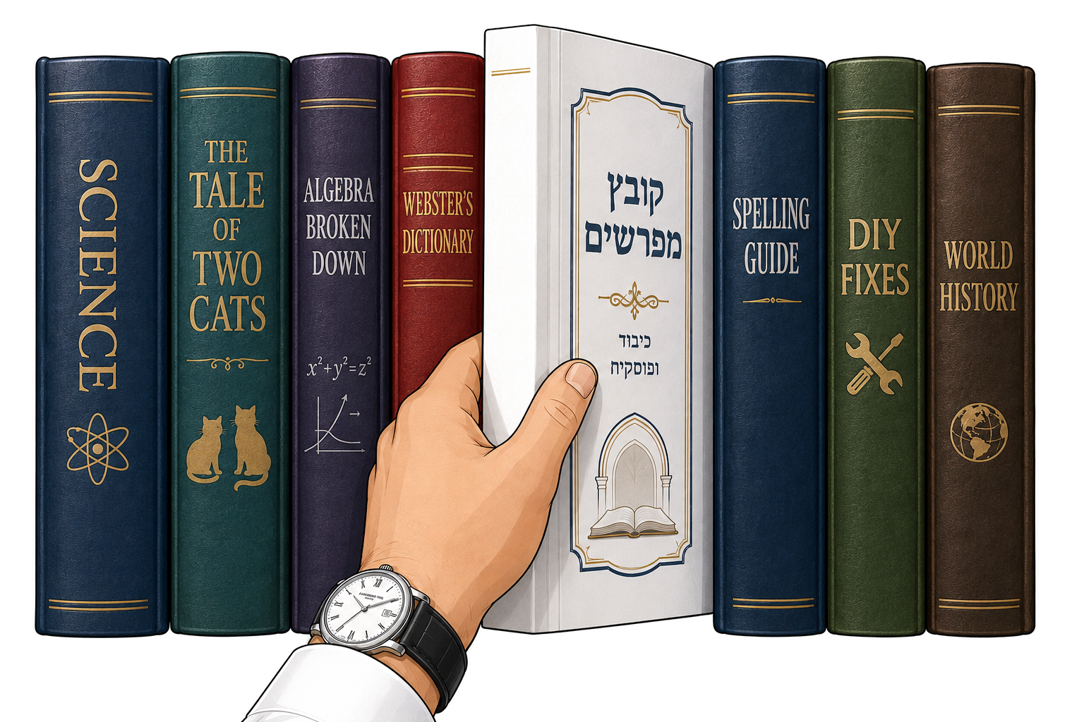 Illustration of a hand pulling the Kovetz Meforshim pamphlet off a bookshelf
